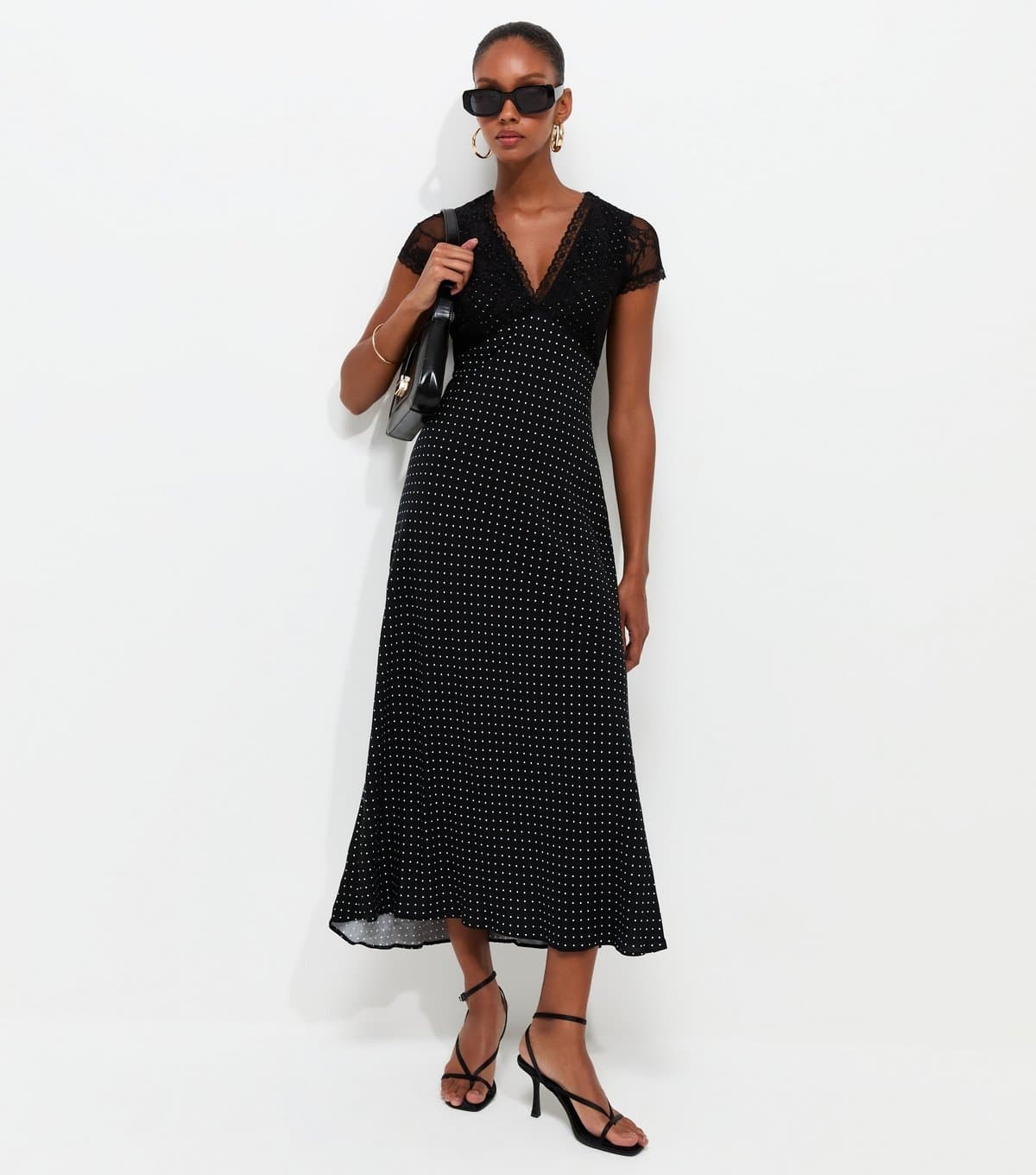New Look Women's Tall Black Spot Print Lace Bust Midi Dress New Look