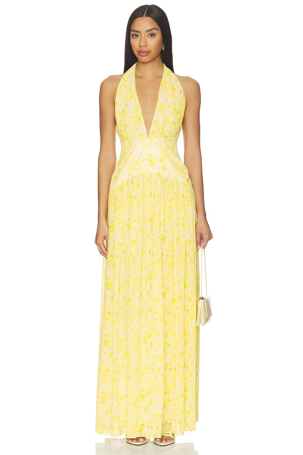 Revolve Yellow Floral Halter Neck Midi Gown