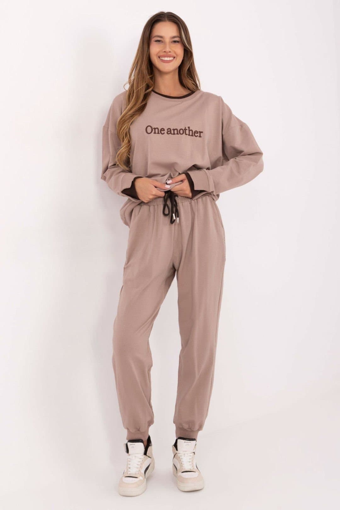Love Lace Love Lace Women's Cotton Embroidered Slogan Tracksuit Set in Taupe