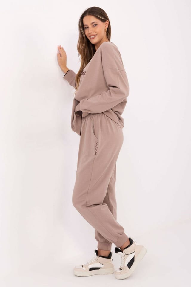 Love Lace Love Lace Women's Cotton Embroidered Slogan Tracksuit Set in Taupe - 2