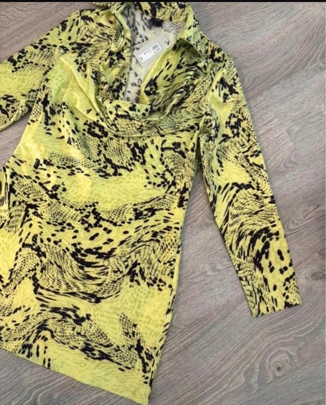 River Island River Island Satin Snake Print Mini Dress UK 14 Lime Green Y2K Cowl Neck Going Out BNWT