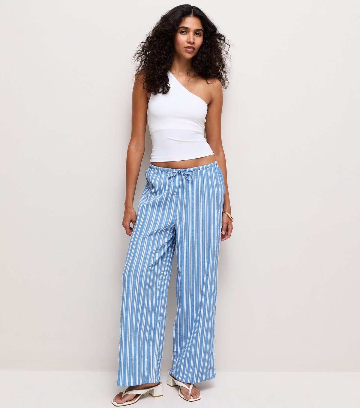 New Look Women's Blue Striped Drawstring Wide Leg Trousers New Look