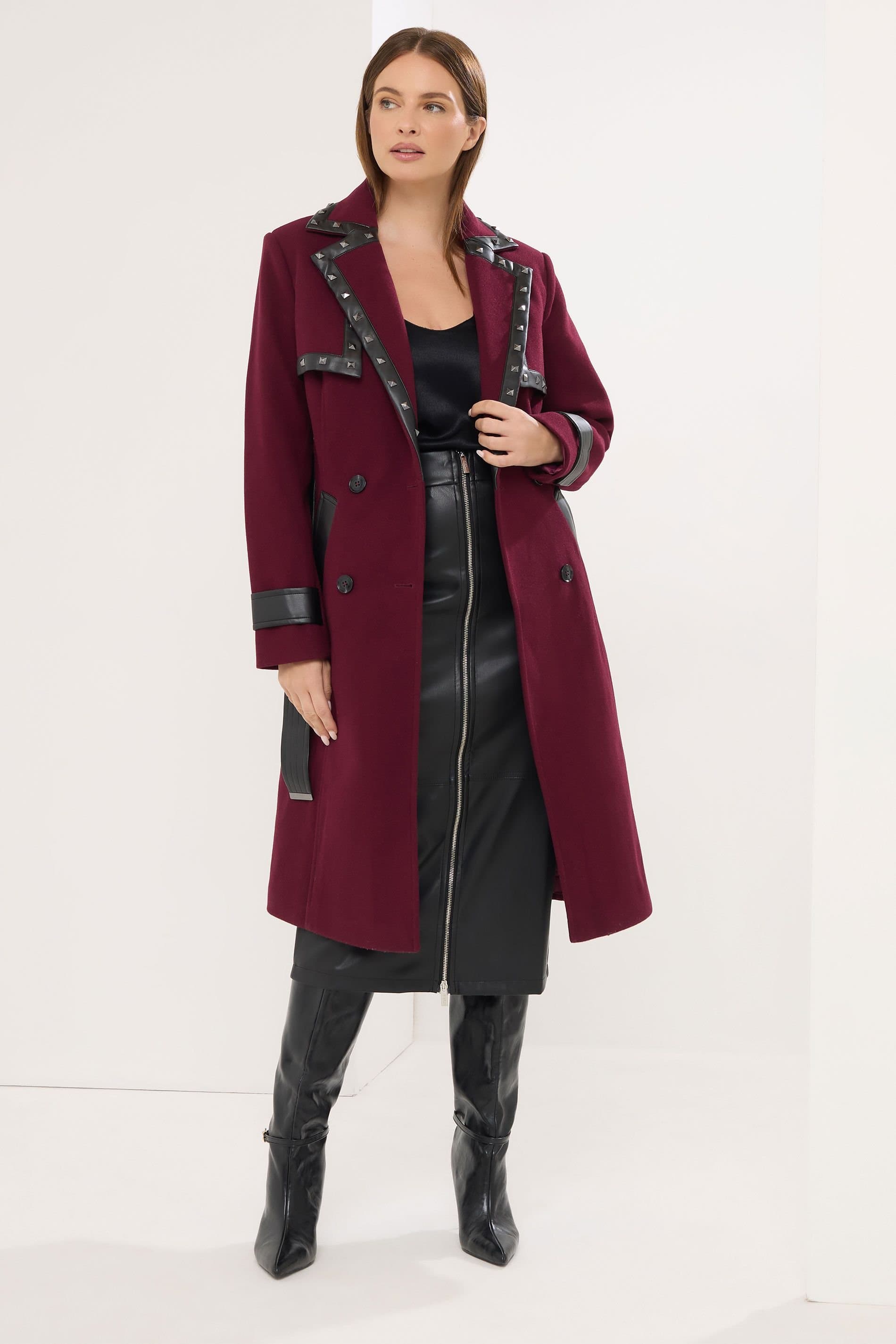 Star By Julien Macdonald Star by Julien Macdonald Women's Faux Leather Trim Coat in Burgundy