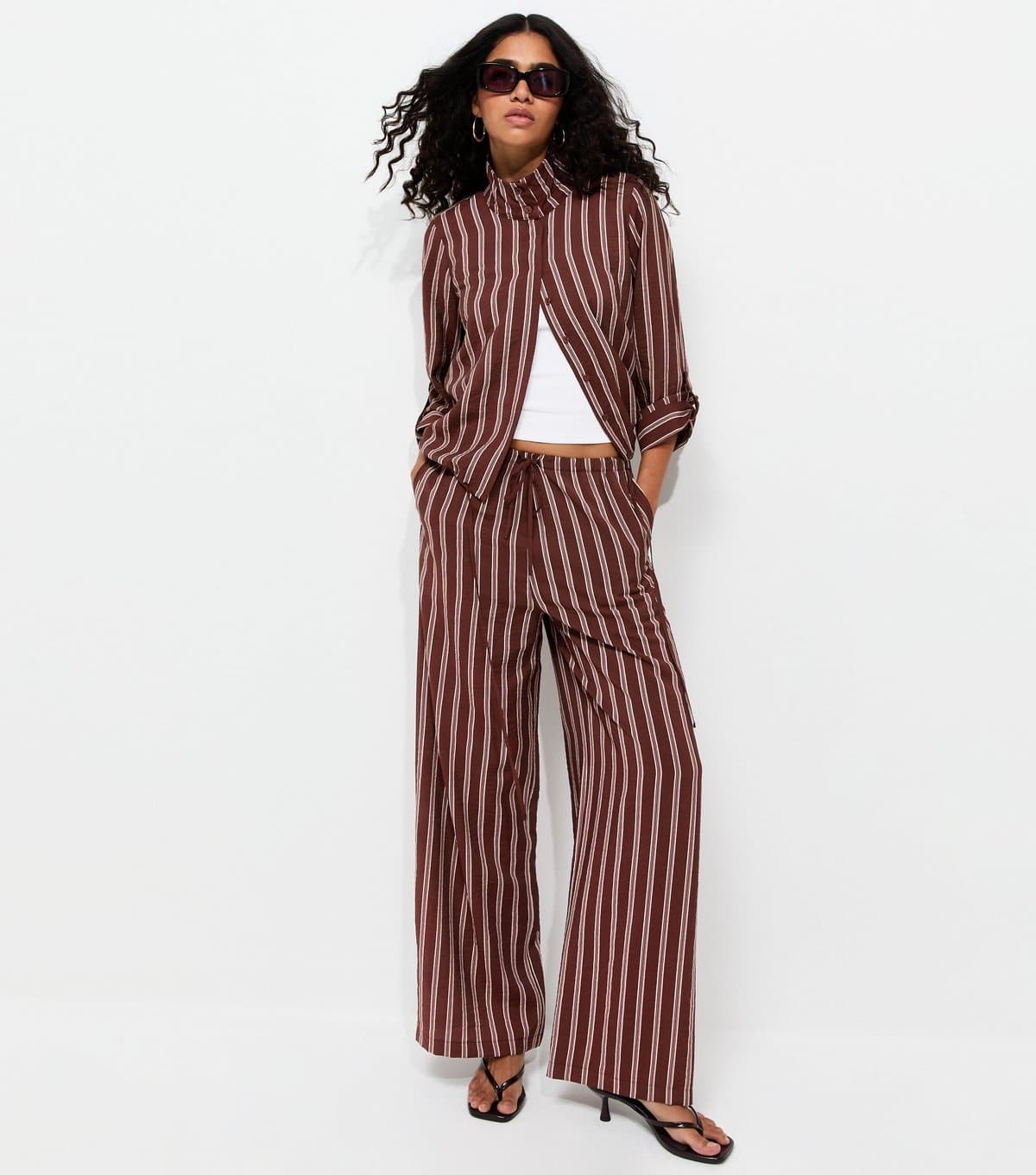 New Look Women's Burgundy Stripe Wide Leg Trousers New Look