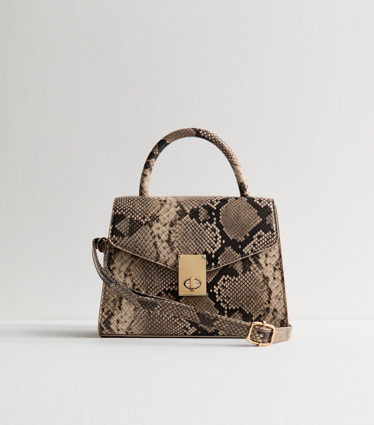 New Look Grey Snakeskin Effect Faux Leather Twist Lock Crossbody Bag Vegan New Look