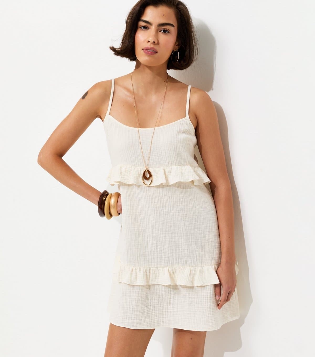 New Look Women's White Crinkle Texture Ruffle Trim Mini Dress New Look