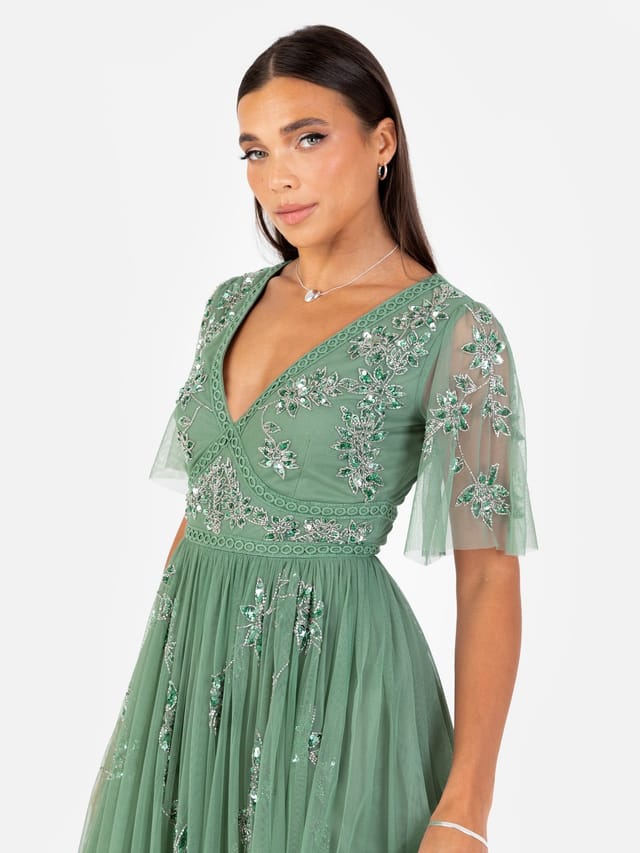 Maya Deluxe Maya Deluxe Women's Embellished Short Sleeve Midi Dress in Dark Green - 2