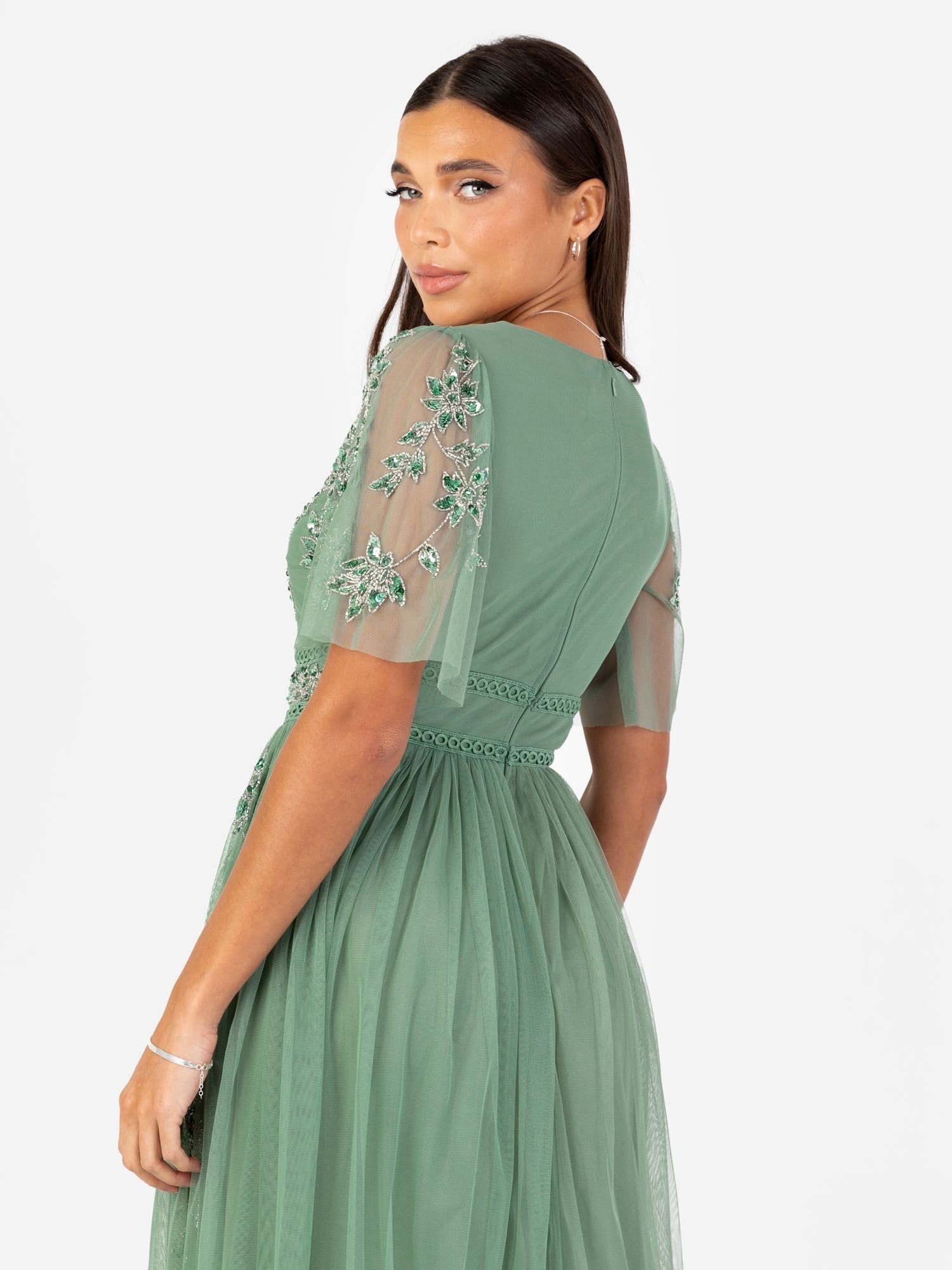 Maya Deluxe Maya Deluxe Women's Embellished Short Sleeve Midi Dress in Dark Green - 4