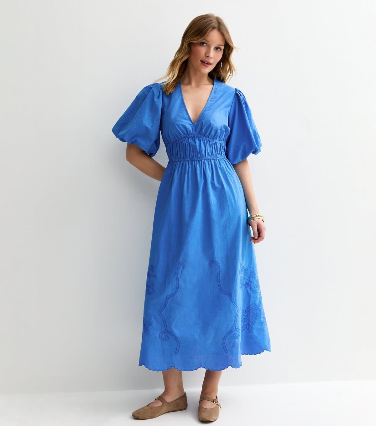 New Look Women's Blue Cotton Puff Sleeve Midi Dress New Look