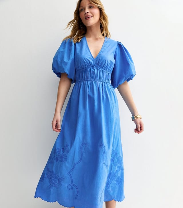 New Look Women's Blue Cotton Puff Sleeve Midi Dress New Look - 3