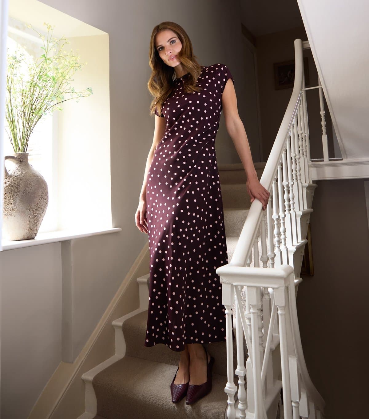 Blue Vanilla Women's Burgundy Polka Dot Midi Dress Blue Vanilla New Look