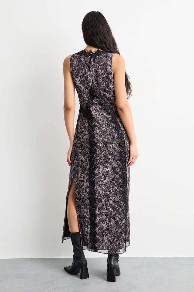 Warehouse Warehouse Women's Chiffon Printed Dress With Lace in Snake - 3