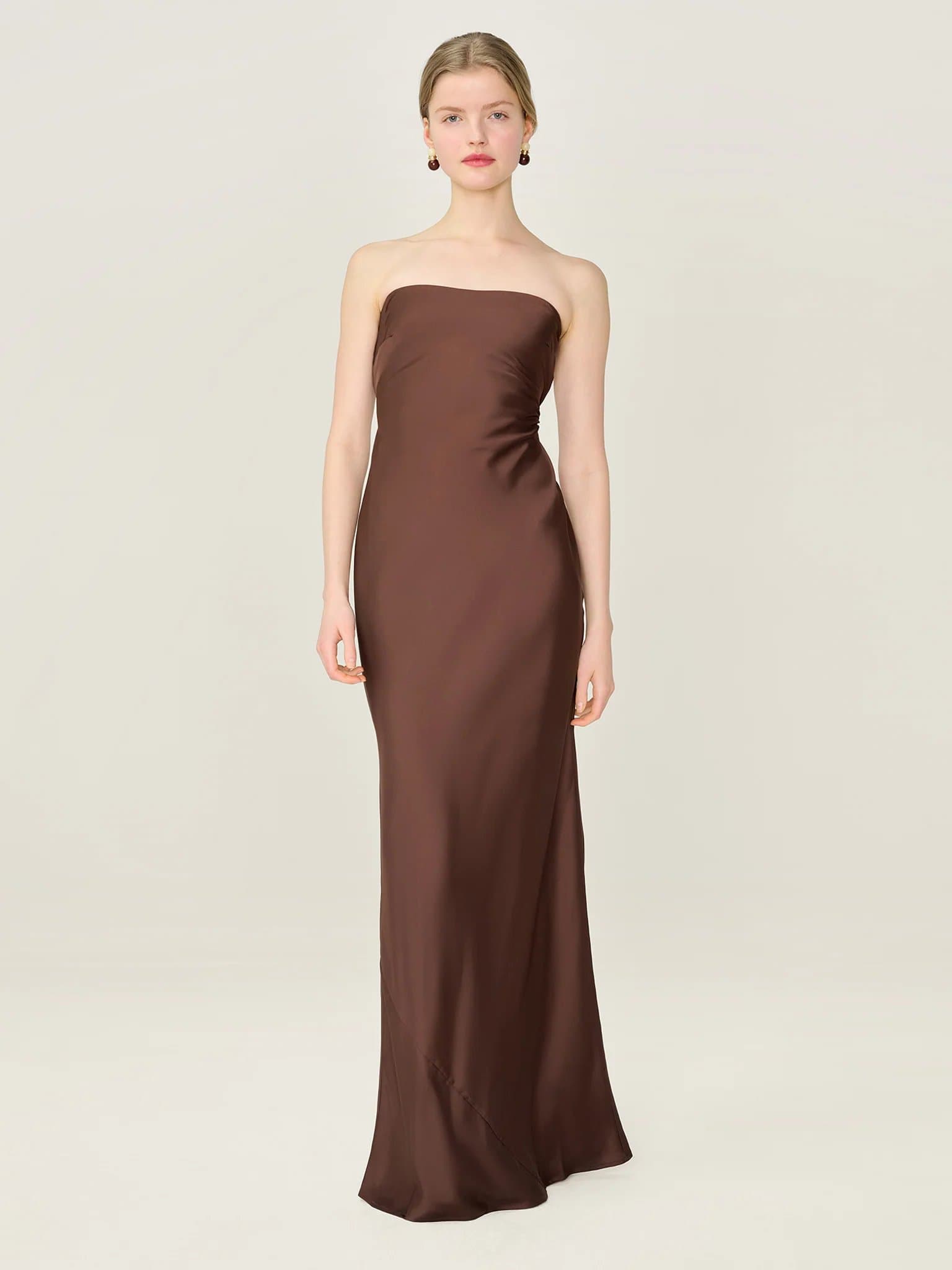 OMNES OMNES Strapless Satin Midi Dress in Chocolate