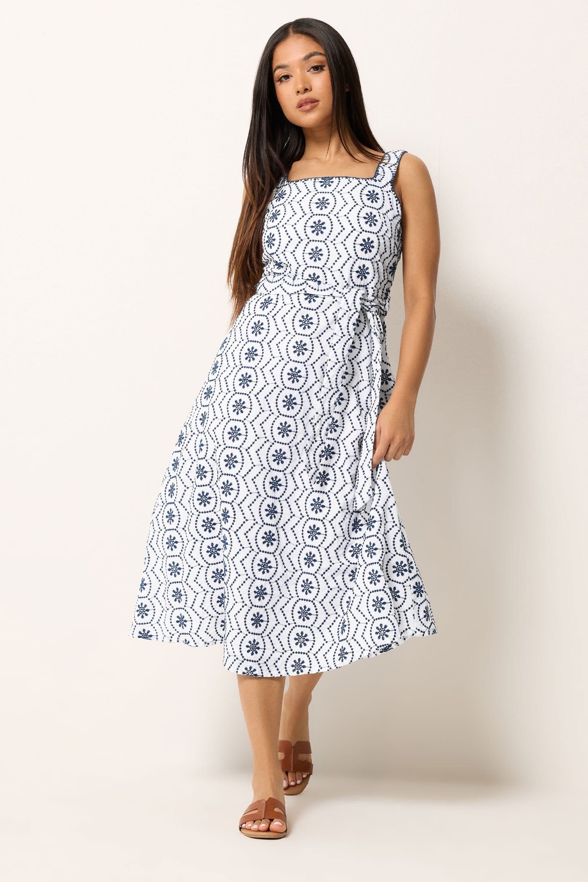 M&Co M&Co Women's Petite Embroidered Tie Waist Dress in White