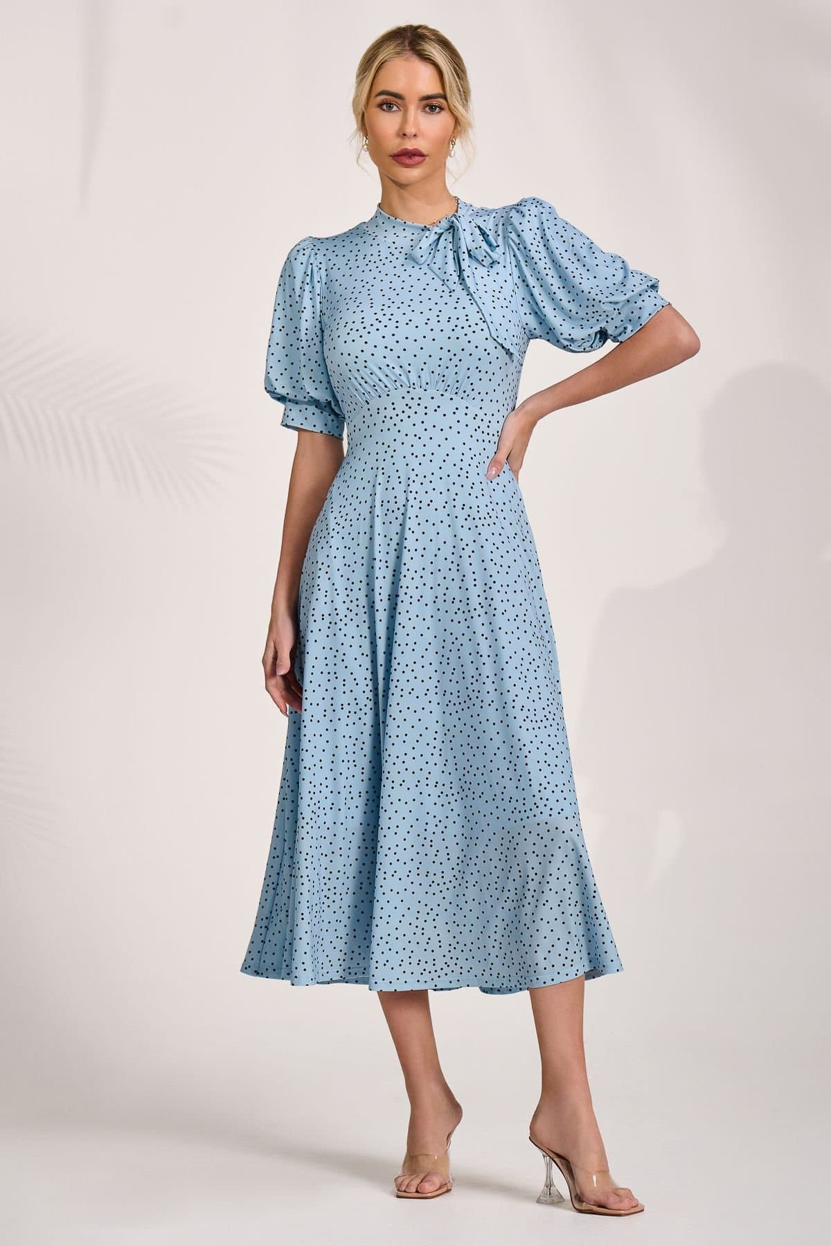 Jolie Moi Jolie Moi Women's Tie Neck Puffy Sleeve Jersey Midi Dress in Light Blue