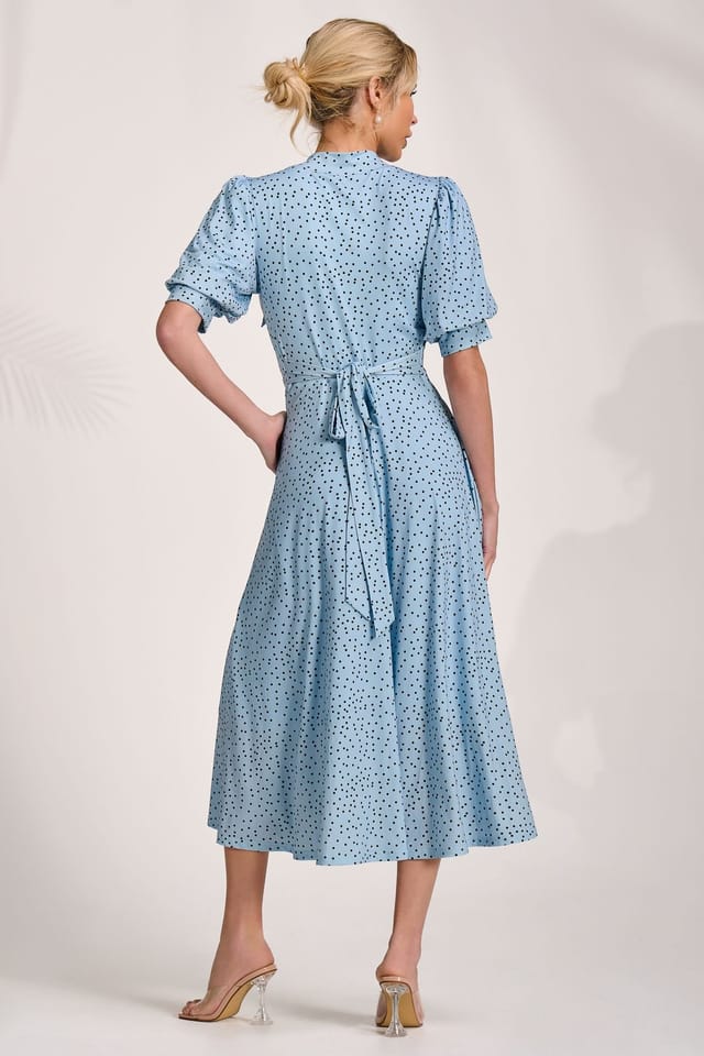 Jolie Moi Jolie Moi Women's Tie Neck Puffy Sleeve Jersey Midi Dress in Light Blue - 2