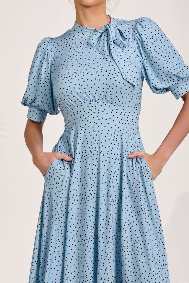 Jolie Moi Jolie Moi Women's Tie Neck Puffy Sleeve Jersey Midi Dress in Light Blue - 3