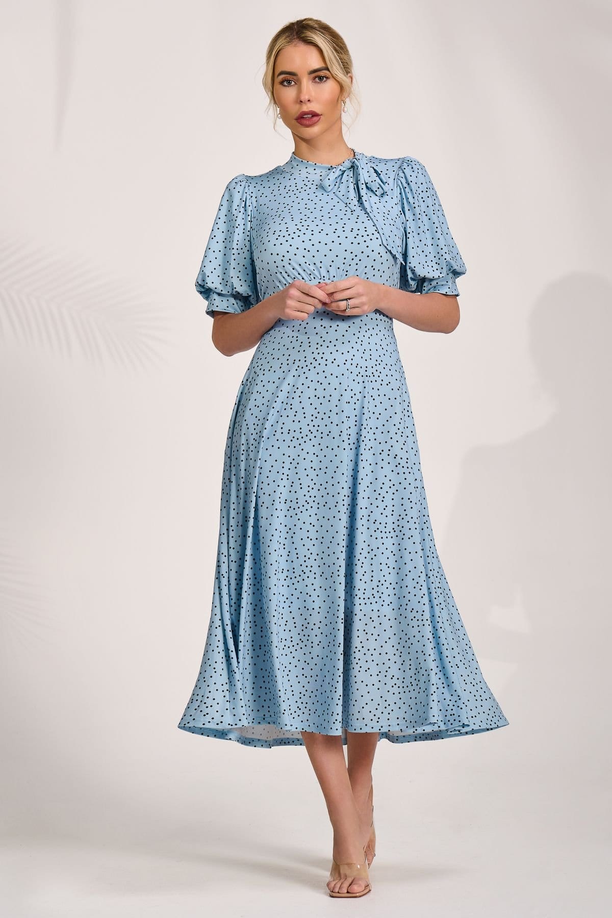 Jolie Moi Jolie Moi Women's Tie Neck Puffy Sleeve Jersey Midi Dress in Light Blue - 4