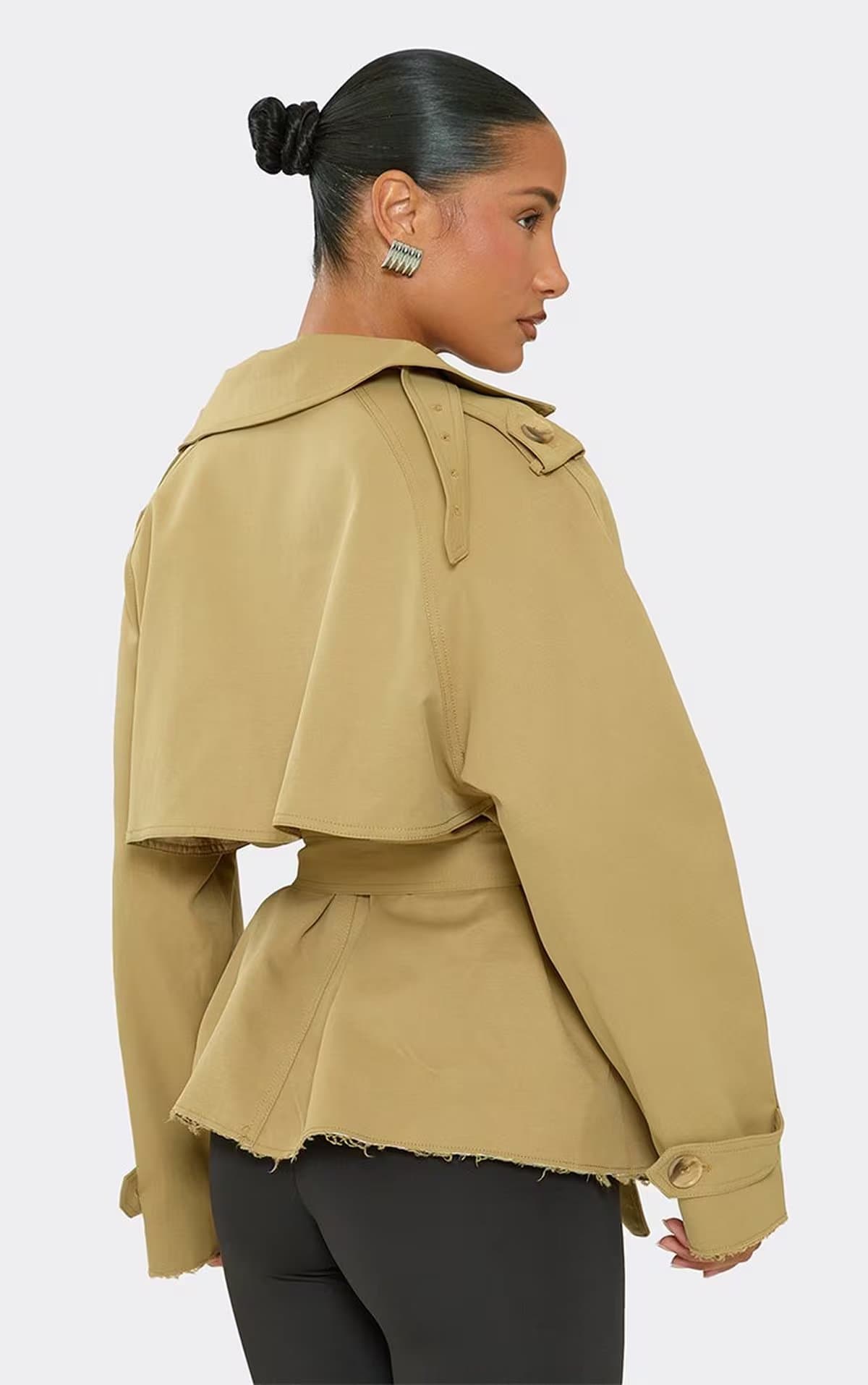 EGO Long Sleeve Belt Tie Raw Edge Trench Jacket In Beige, Women's Size UK 6