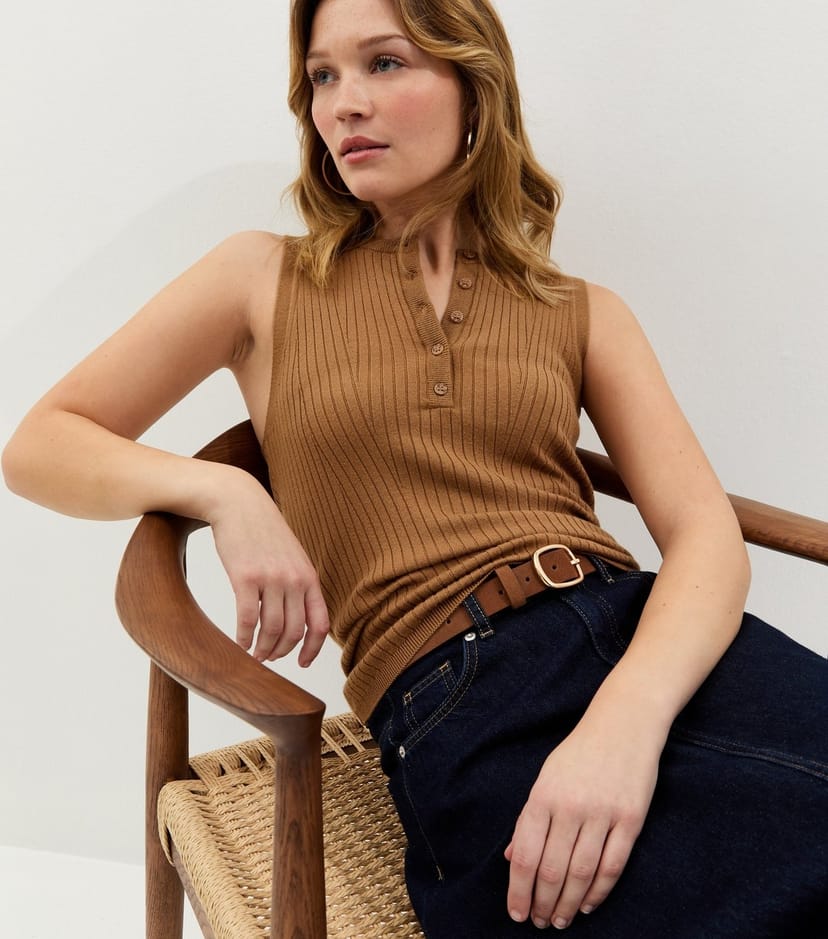 New Look Women's Tan Knitted Sleeveless Henley Top New Look - 1