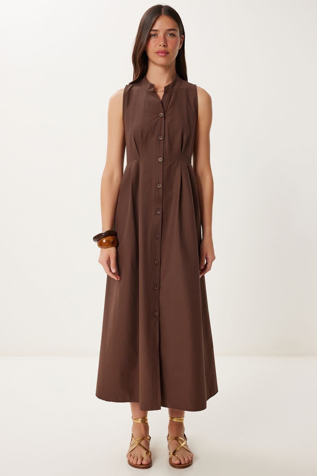 Happiness Istanbul Happiness Istanbul Women's Mandarin Collar Sleeveless A-Line Midi Dress in Brown