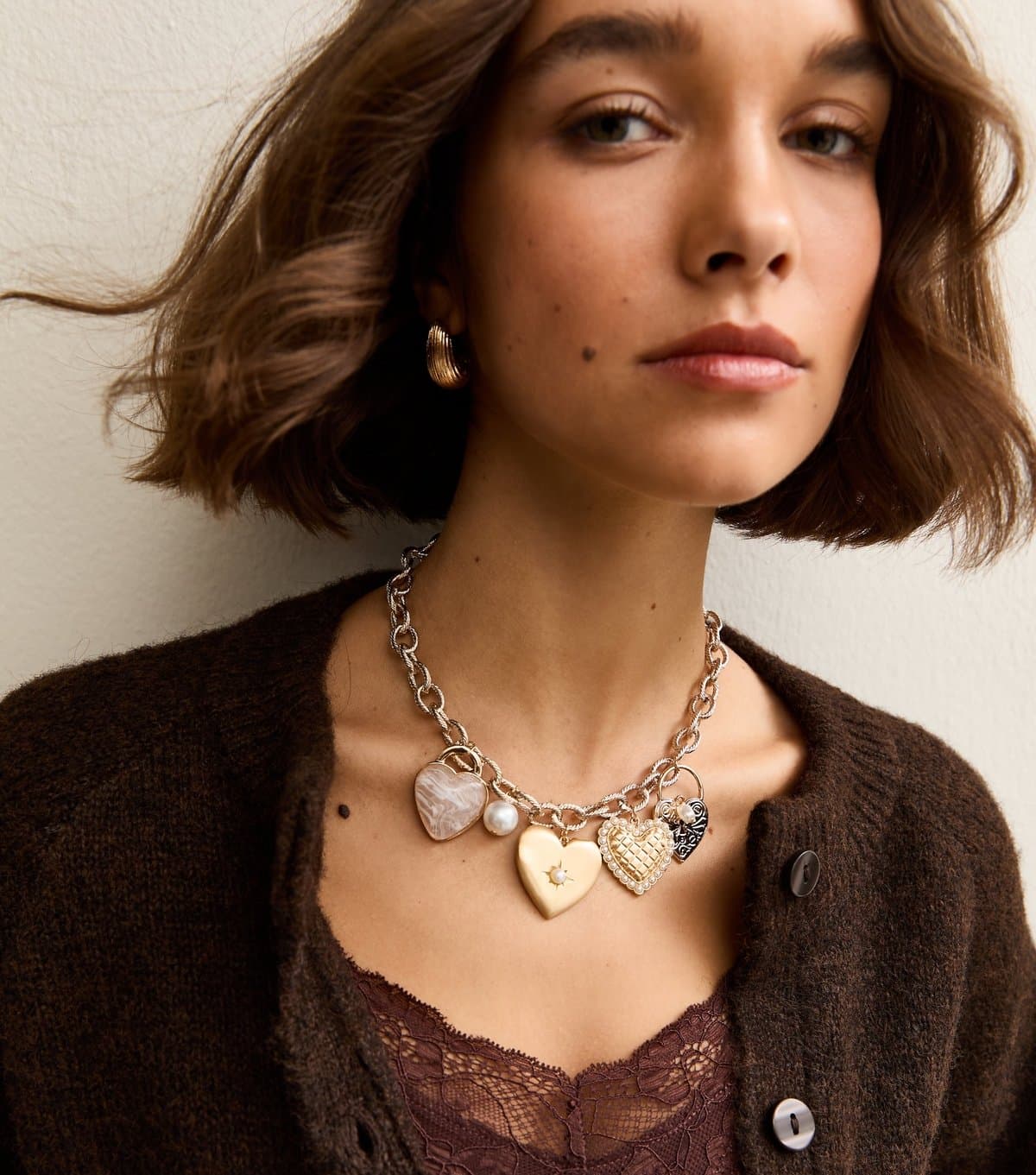 New Look Gold Tone Rope Chain Multi Heart Charm Necklace New Look