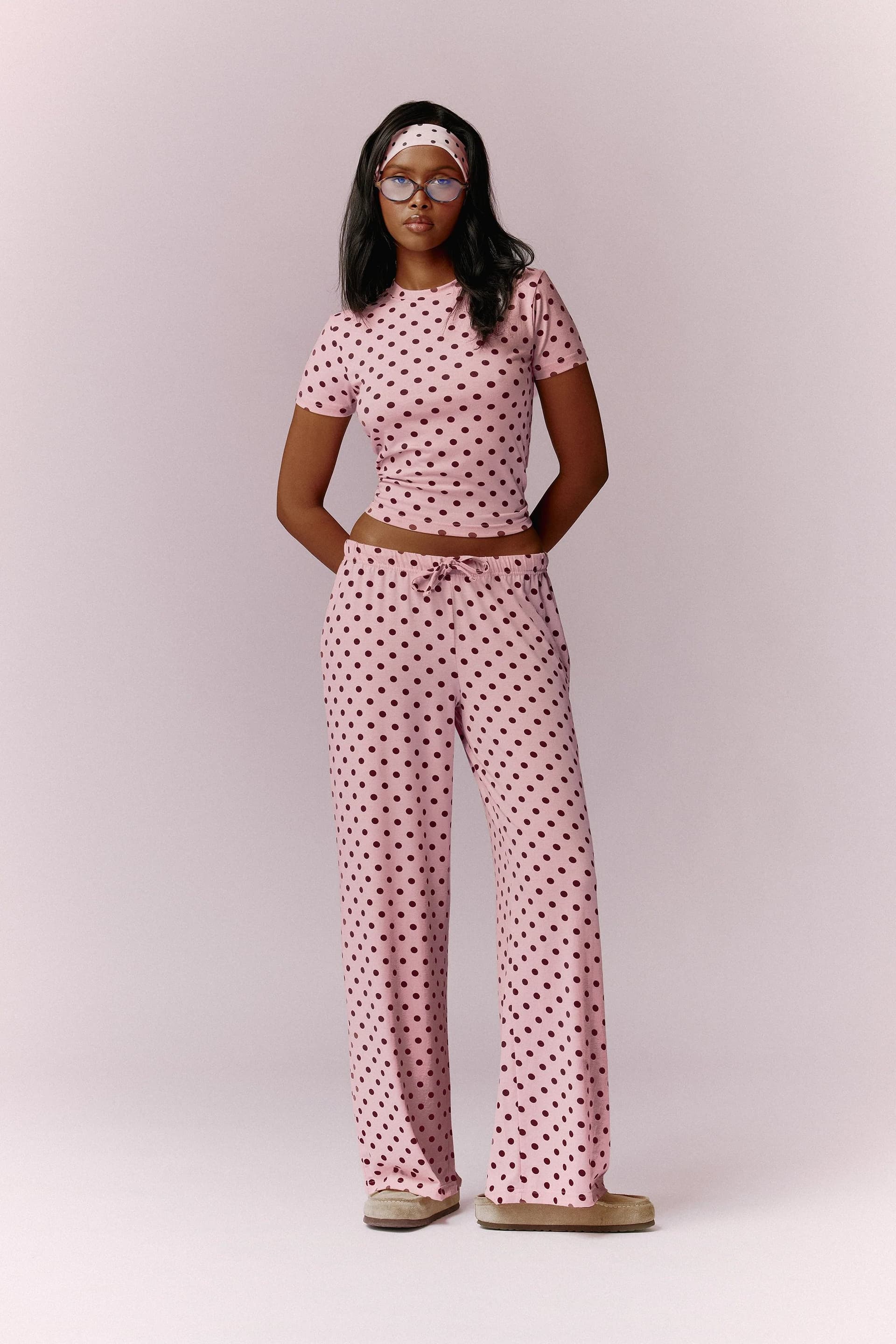 Kaiia Kaiia Polka Dot Baby Tee and Trouser Pyjama Set Baby Pink & Burgundy