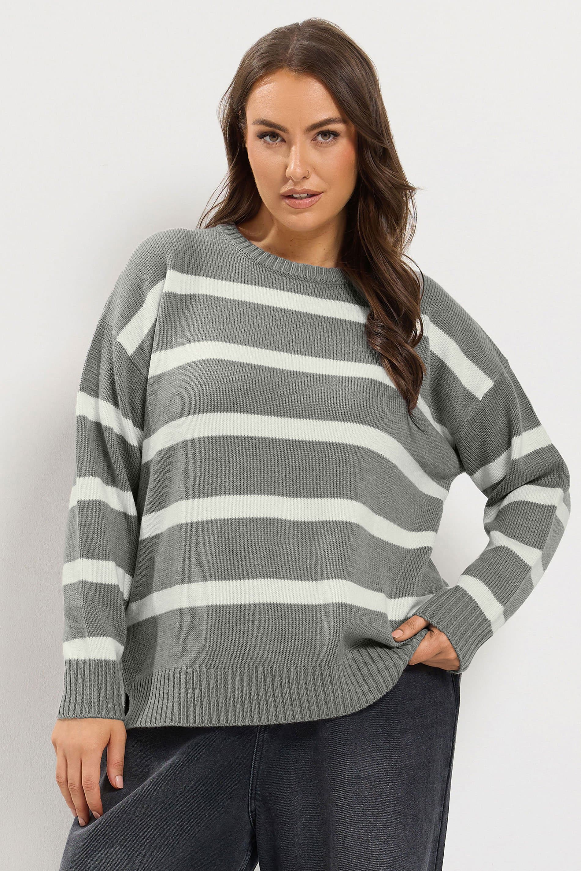 Yours Plus Size Grey & White Stripe Knitted Jumper