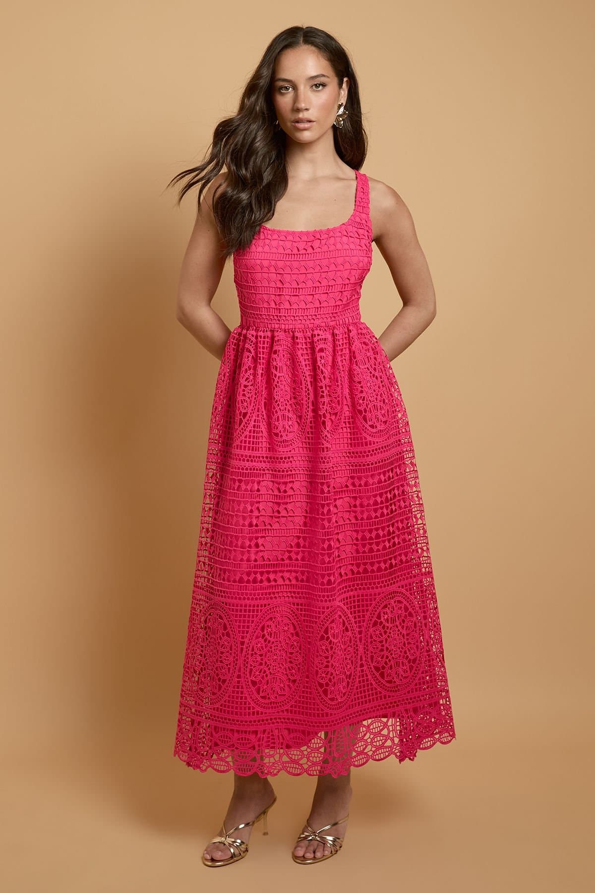 Oasis Oasis Women's Premium Square Neck Lace Midi Dress in Hot Pink
