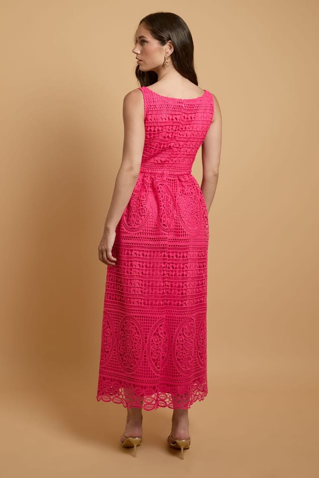 Oasis Oasis Women's Premium Square Neck Lace Midi Dress in Hot Pink - 3