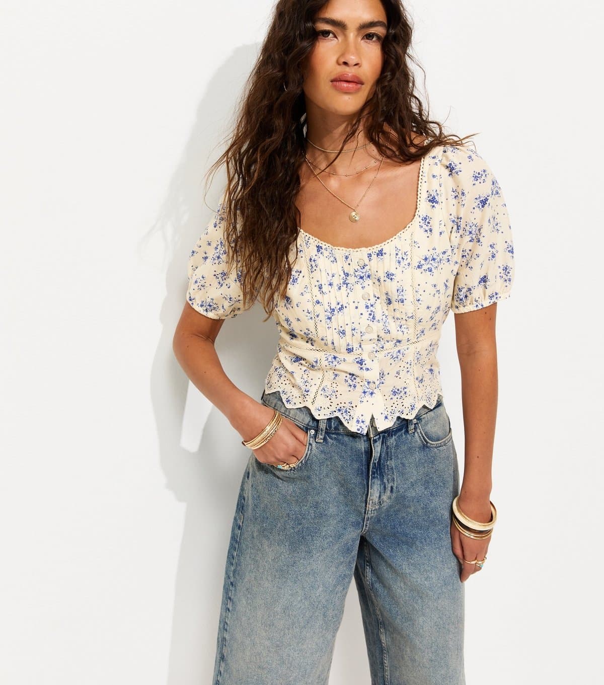 New Look Women's Blue Cotton Floral Puff Sleeve Milkmaid Top New Look