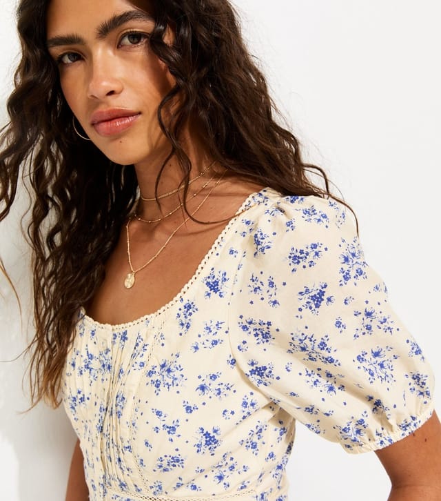 New Look Women's Blue Cotton Floral Puff Sleeve Milkmaid Top New Look - 2
