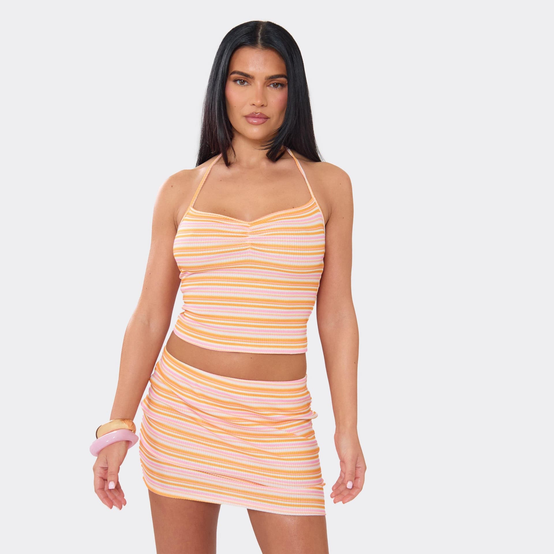 EGO Halterneck Cami Top In Orange Stripe, Women's Size UK 6