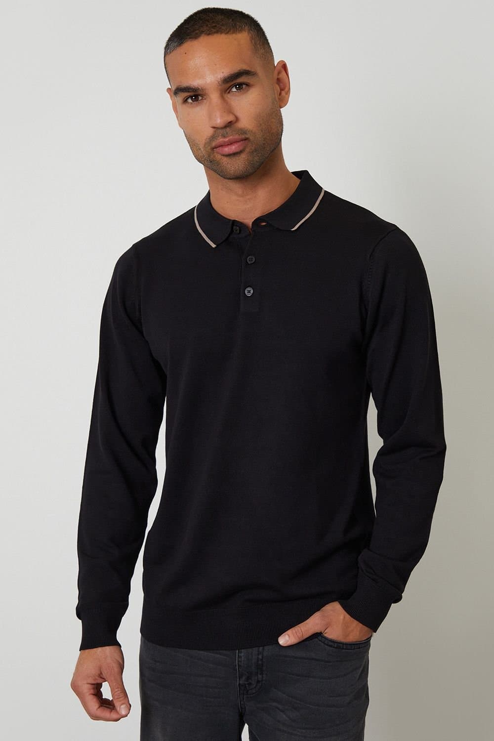 Threadbare Threadbare Men's Knitted Long Sleeve Polo Jumper in Black
