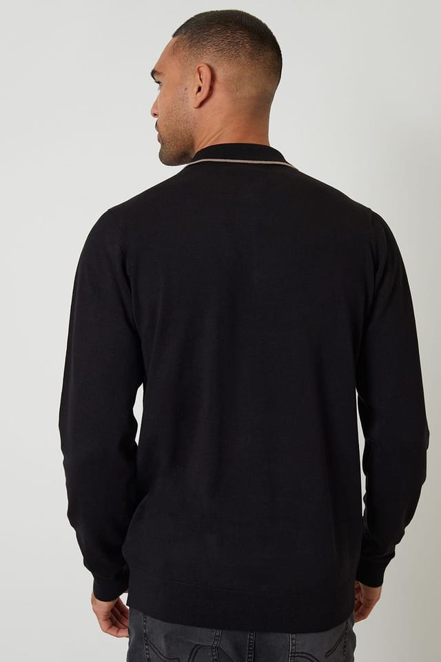 Threadbare Threadbare Men's Knitted Long Sleeve Polo Jumper in Black - 2