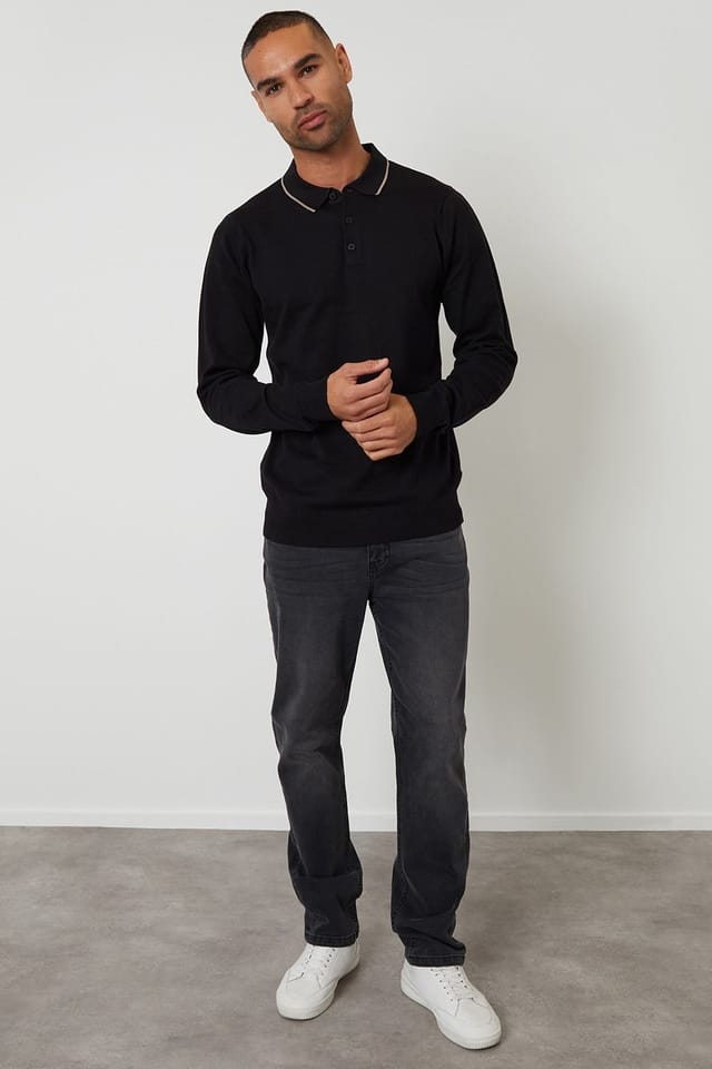 Threadbare Threadbare Men's Knitted Long Sleeve Polo Jumper in Black - 3