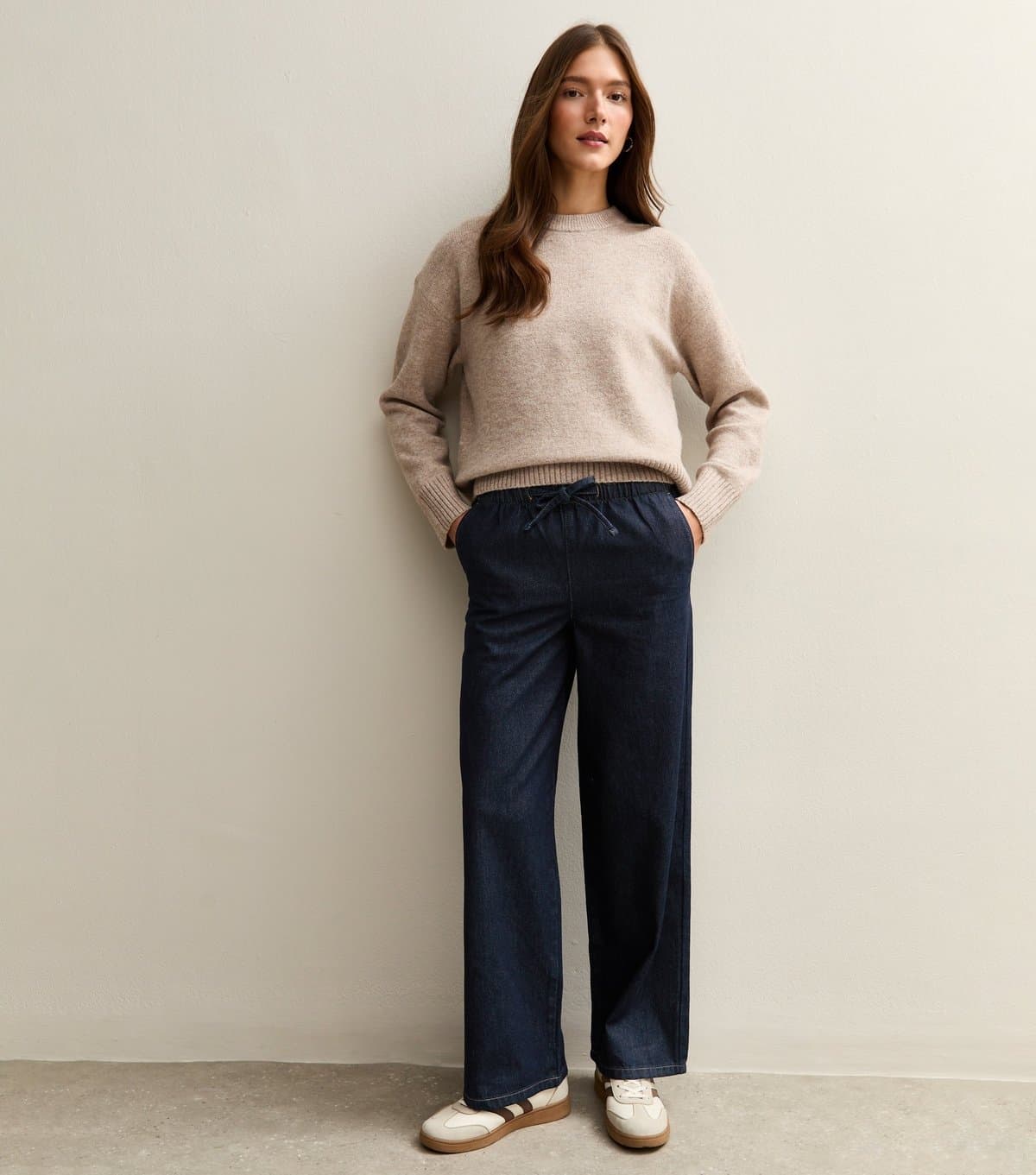 New Look Women's Navy Denim Wide Leg Drawstring Waist Jeans New Look