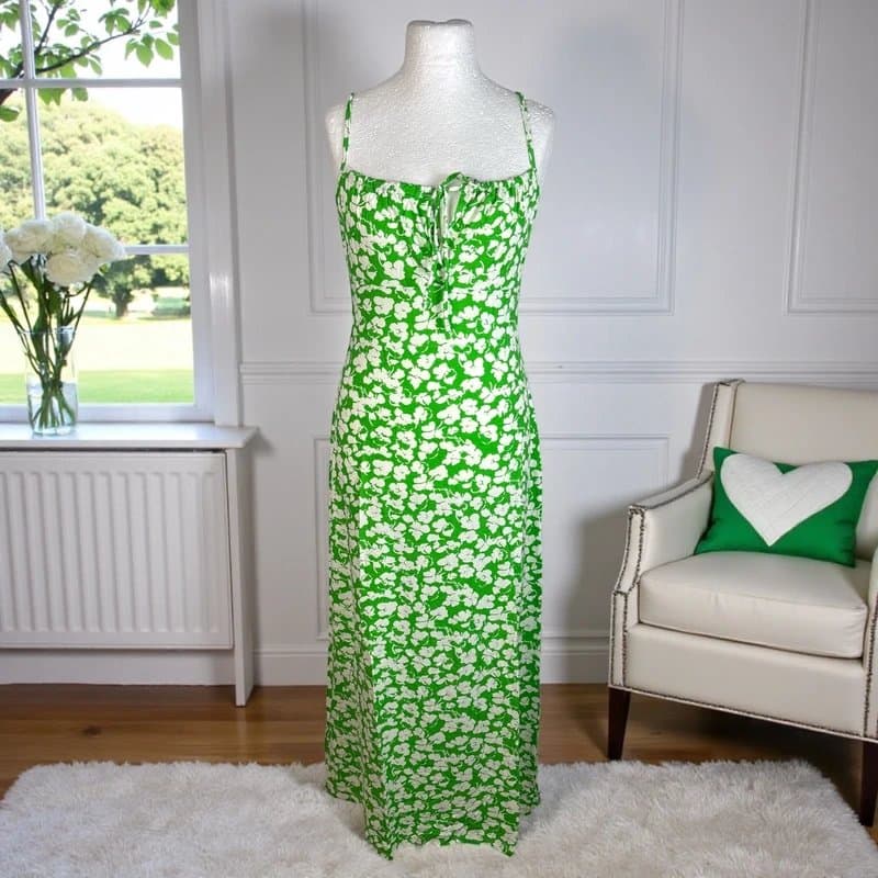 ASOS Design UK 18 ASOS Design Green White Floral Jersey Maxi Midi Dress Tie Front Stretch