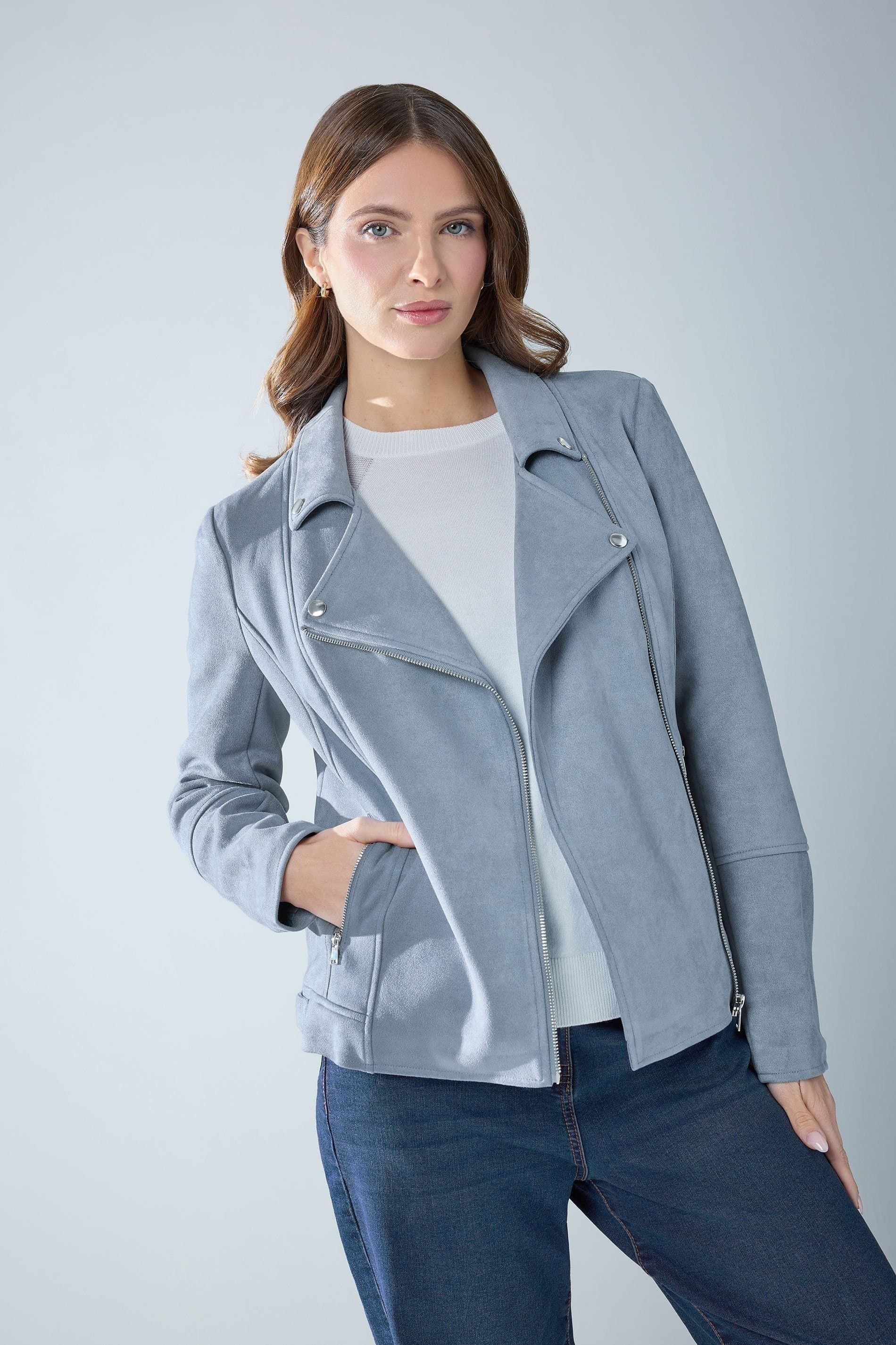 M&Co M&Co Women's Faux Suede Biker Jacket in Blue