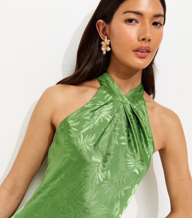 New Look Women's Light Green Palm Leaf Jaquard Halter Neck Maxi Dress New Look - 3