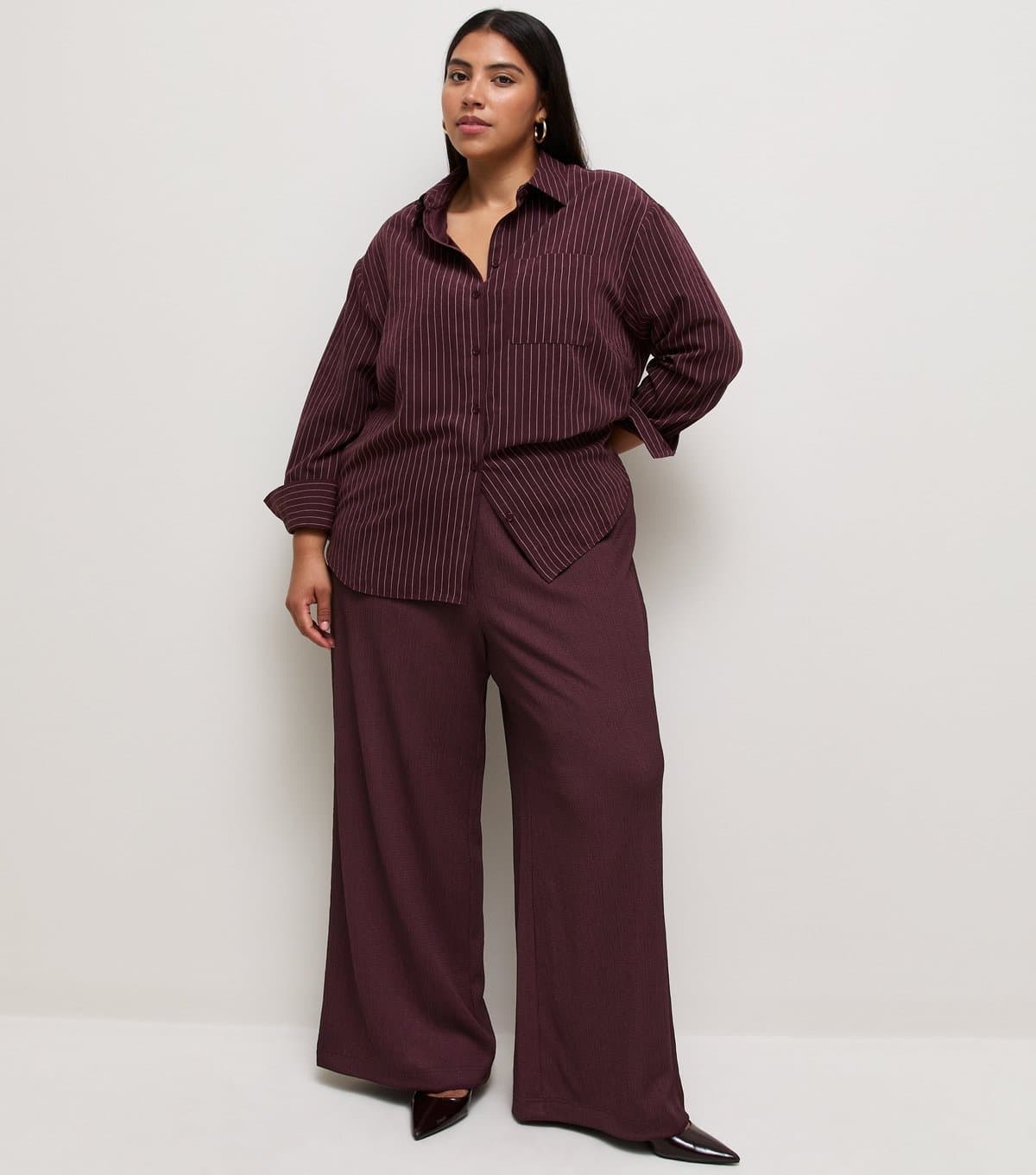 New Look Women's Plus Size Dark Burgundy Crinkle Jersey Wide Leg Trousers Curves New Look