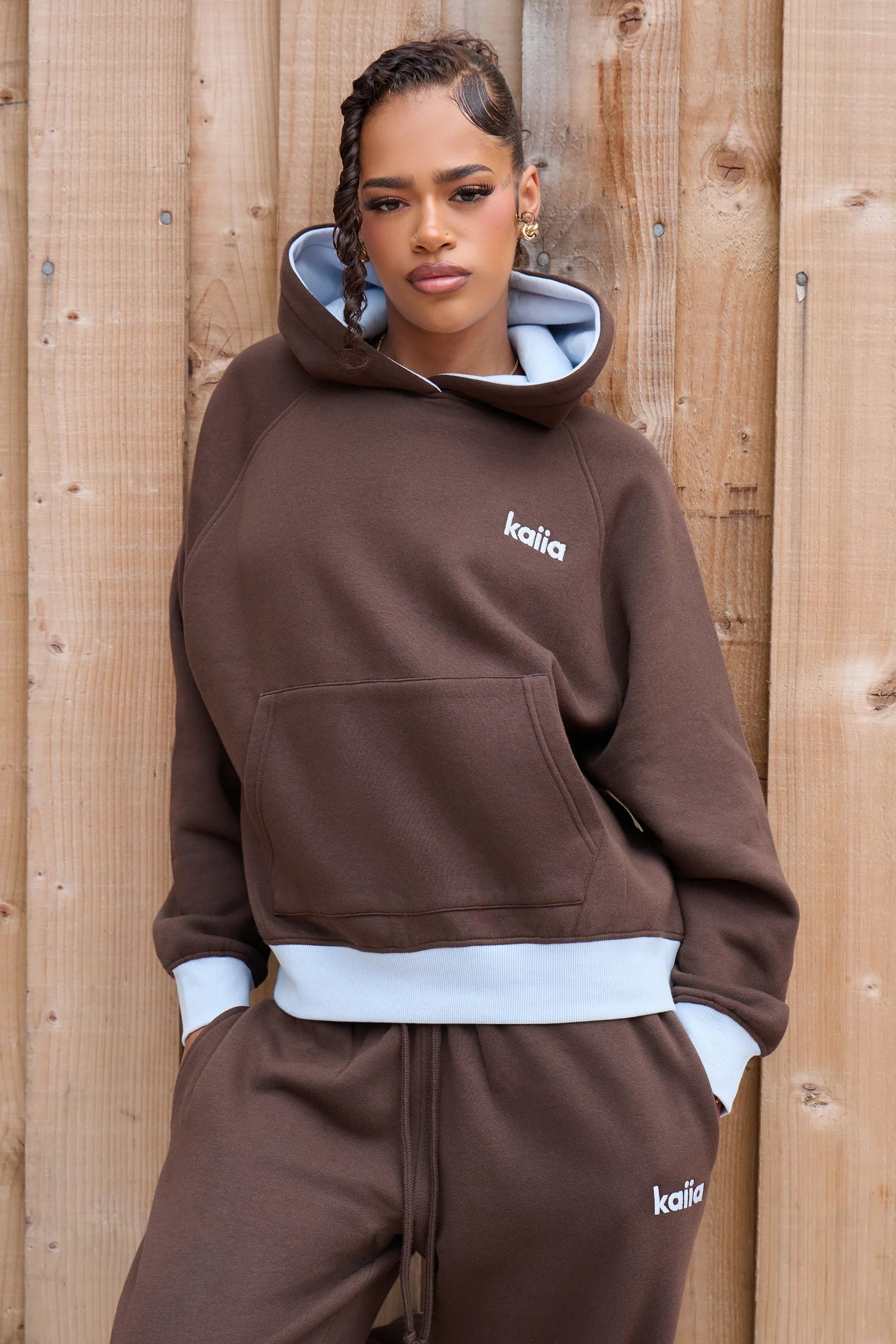 Kaiia Kaiia Contrast Detail Oversized Hoodie Bitter Chocolate & Sky Blue