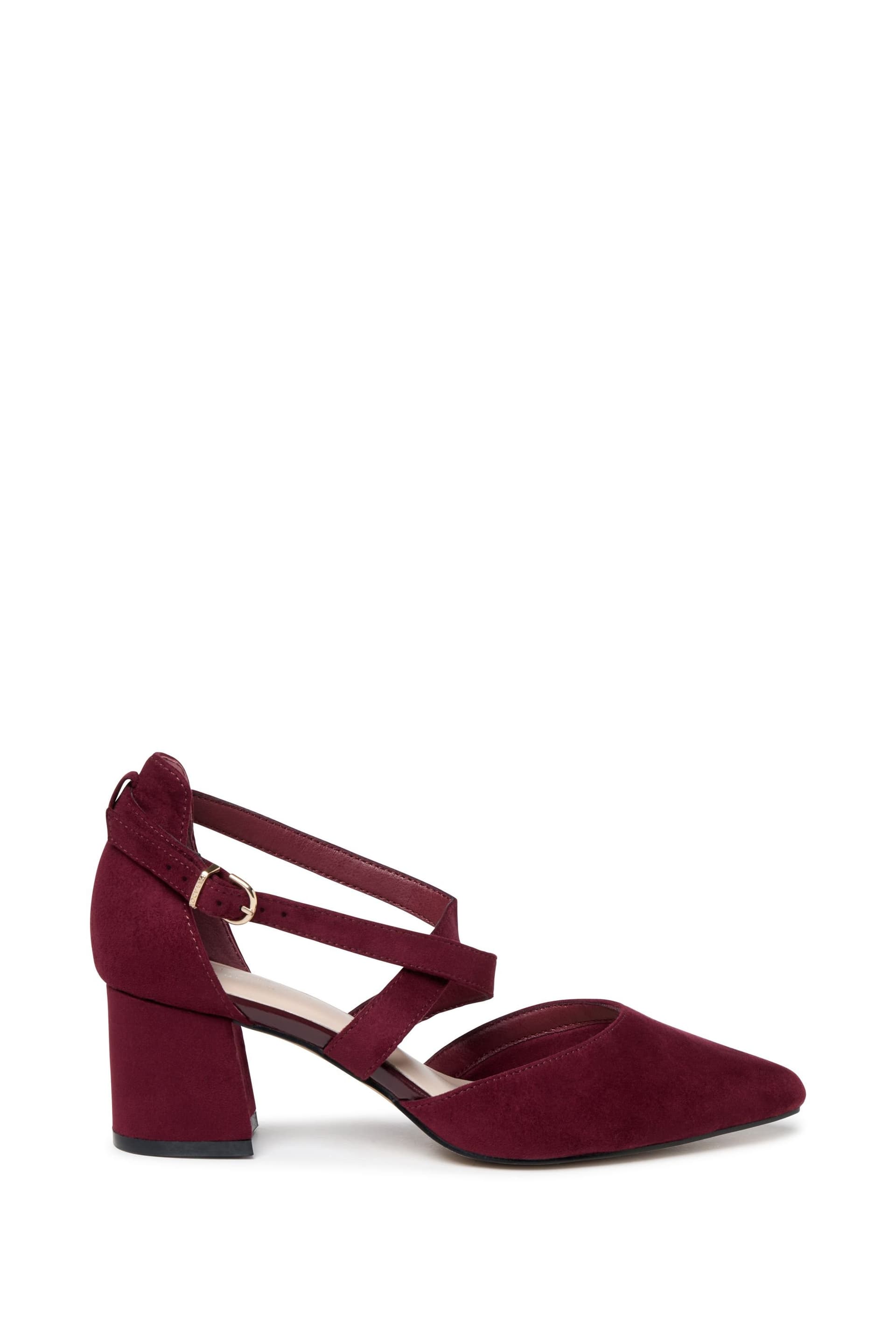 Paradox London Paradox London Women's Micro Suede 'Ffion' Wide Fit Mid Block Heel Cross Strap Court Shoe in Burgundy