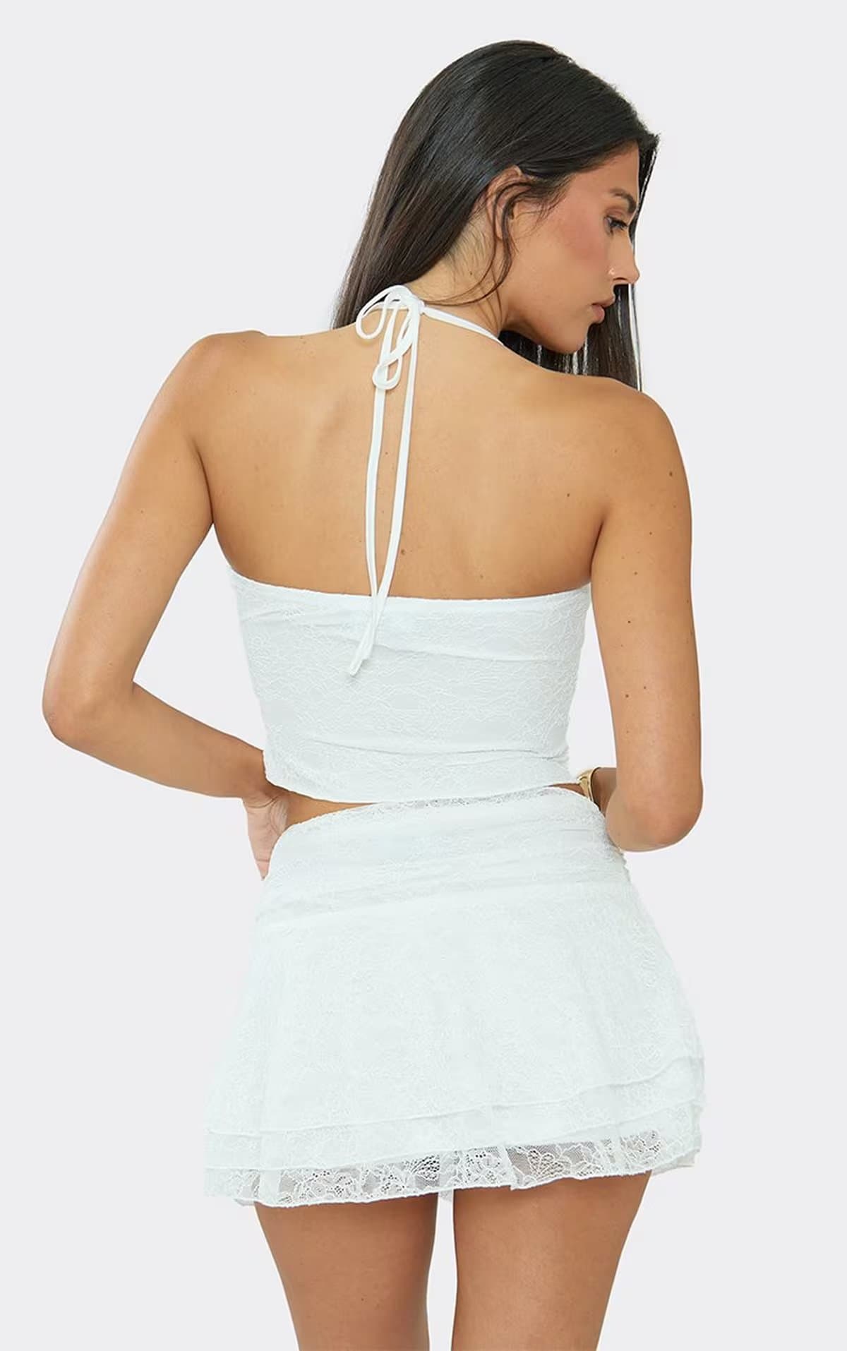 EGO Low Rise Ruched Frill Mini Skirt In White Lace, Women's Size UK 6