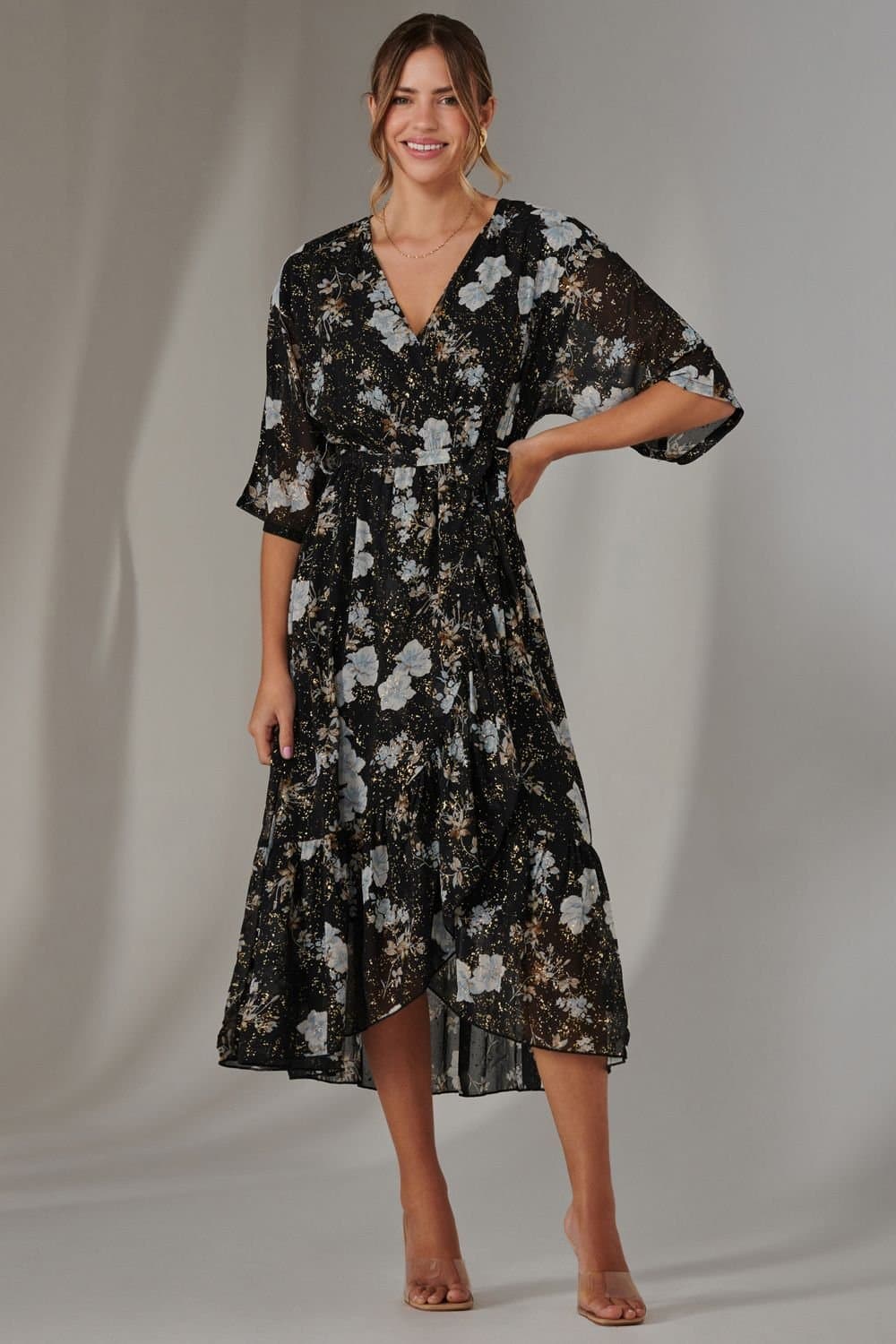 Jolie Moi Jolie Moi Women's Rita Ruffle Hem Chiffon Midi Dress in Black