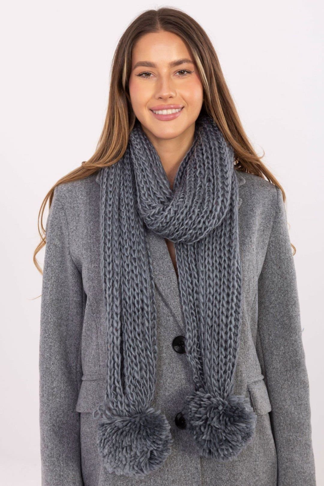 Love Lace Love Lace Women's Soft Cozy Acrylic Scarf with Pom Pom Ends for Winter Warmth in Grey