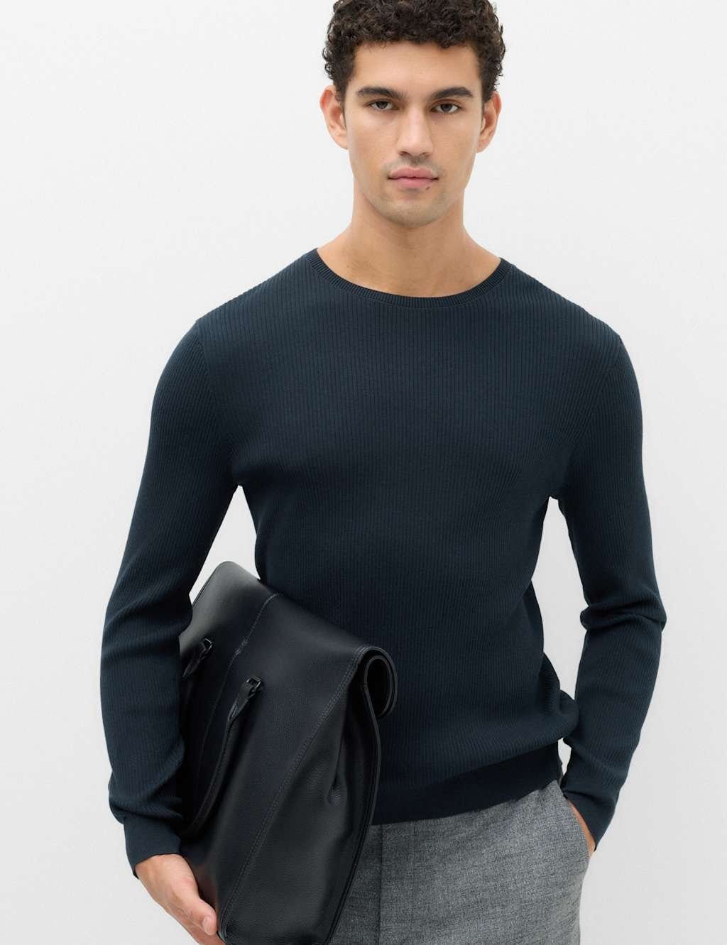 Marks & Spencer M&S Cotton Blend Crew Neck Smart Jumper Navy - 1