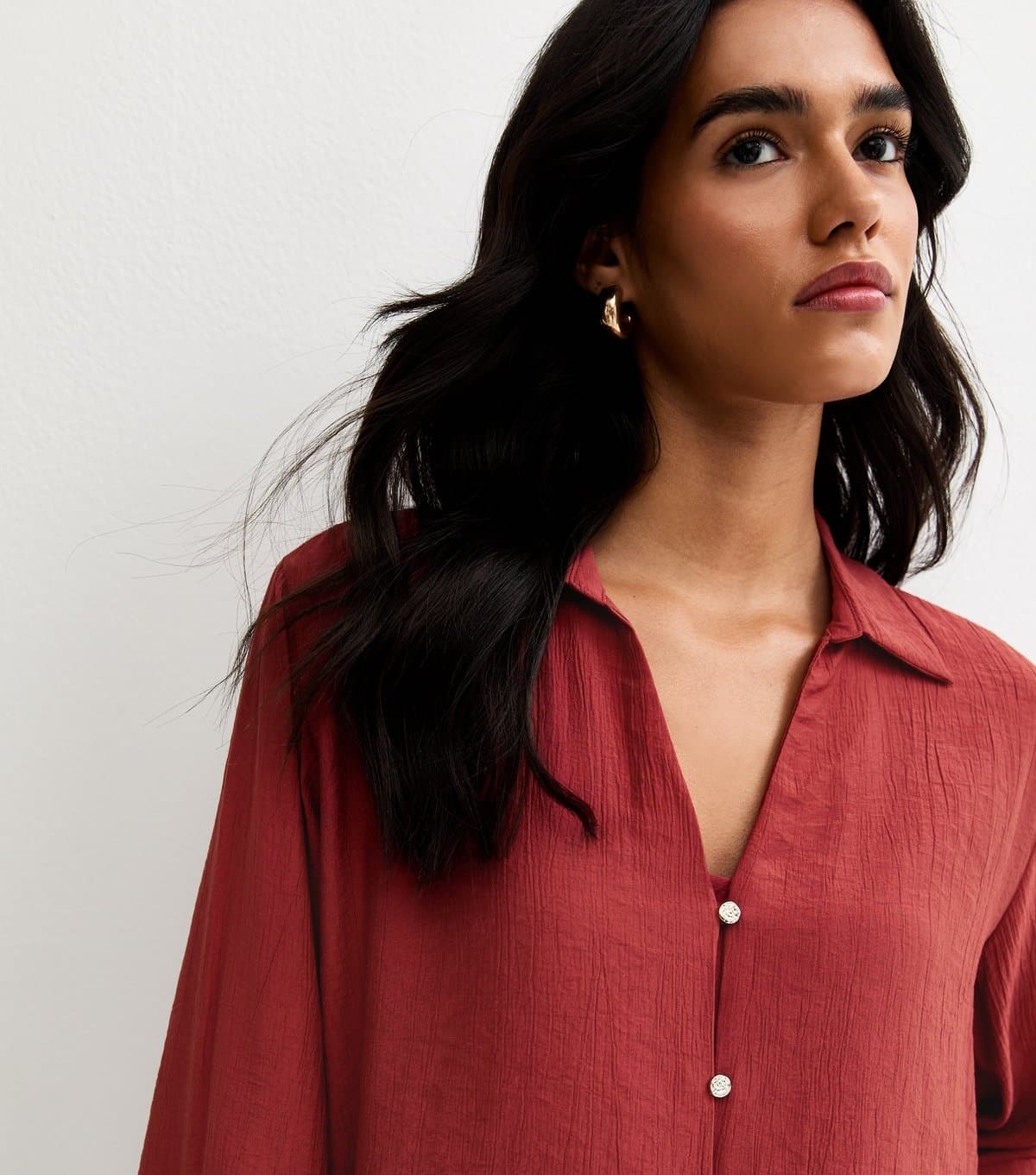 New Look Women's Rust Crinkled Cropped Sleeve Shirt New Look