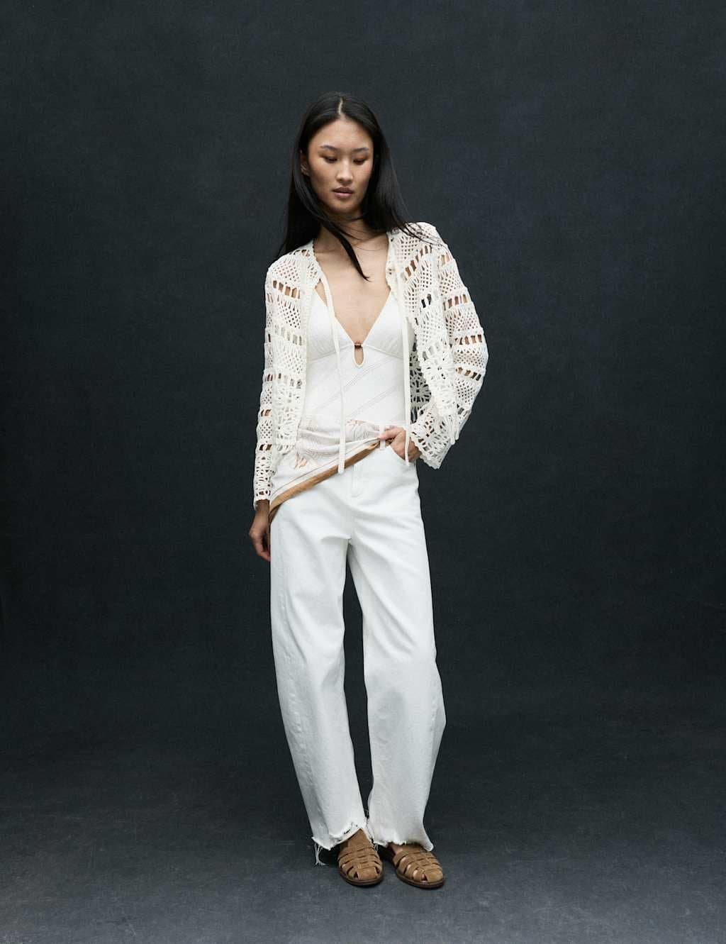 Marks & Spencer M&S Pure Cotton Tie Fastening Cropped Cardigan Vanilla