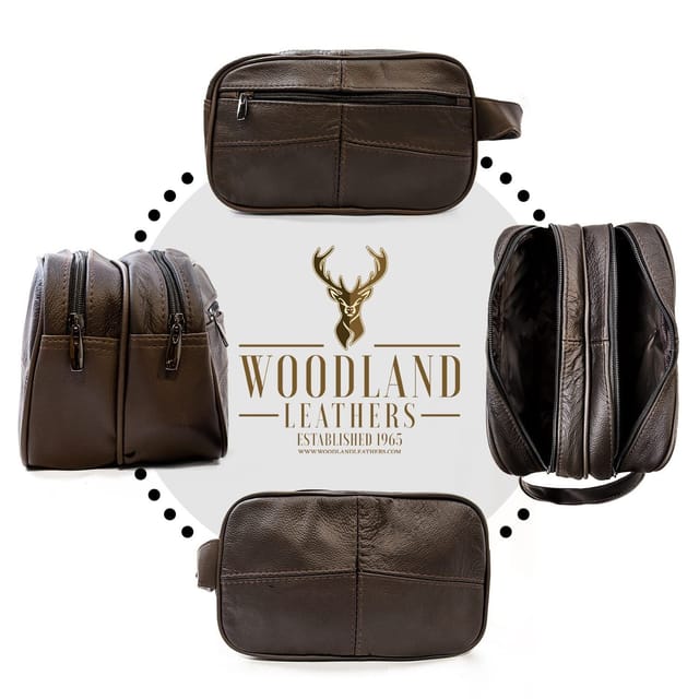 Woodland Leathers Woodland Leathers Men's Genuine Leather Wash Bag Travel Organizer Toiletry Bag in Brown - 2